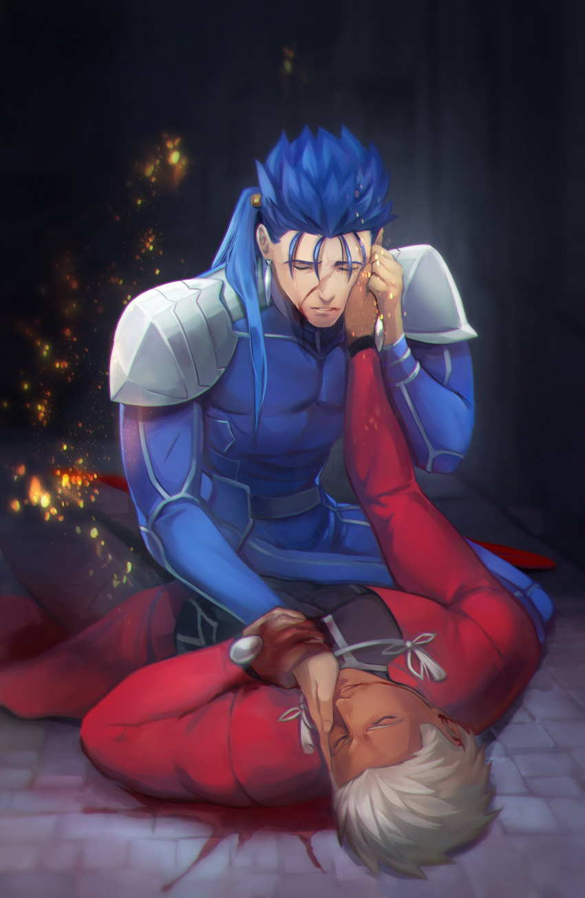 2boys abs absurdres archer_(fate) armor black_shirt blood blood_on_face blue_hair closed_eyes coat cu_chulainn_(fate) cu_chulainn_(fate/stay_night) dying earrings english_commentary fate/stay_night fate_(series) gravesecrets hand_on_another's_face highres jewelry leather_armor long_hair long_sleeves lying male_focus multiple_boys muscular muscular_male on_back pectorals ponytail pool_of_blood red_coat shirt short_hair shoulder_armor sitting stone_floor white_shirt yaoi