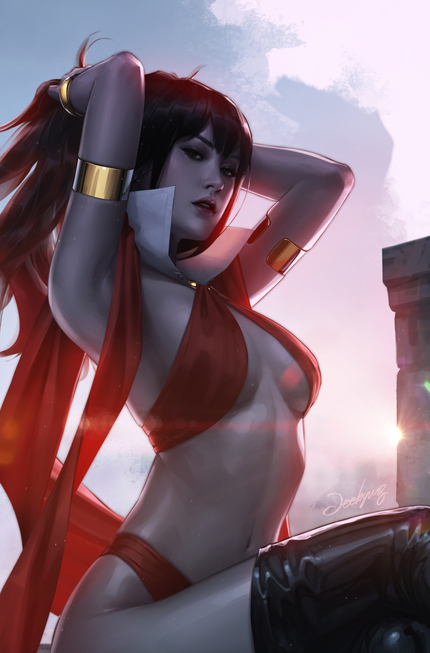 1girl absurdres armlet arms_behind_head black_hair black_thighhighs bra bracelet collar green_eyes highres jee-hyung_lee jewelry long_hair looking_at_viewer navel outdoors panties realistic red_bra red_panties revealing_clothes signature thighhighs underwear vampirella vampirella_(character)