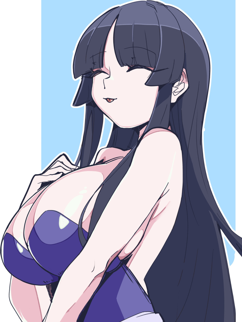 1girl absurdres bare_shoulders black_hair blunt_bangs breasts cleavage closed_eyes dress hand_on_own_chest highres hime_cut juicycloney kaguya_(under_night_in-birth) large_breasts long_hair sleeveless sleeveless_dress solo tongue tongue_out under_night_in-birth under_night_in-birth_2_sys:celes upper_body very_long_hair