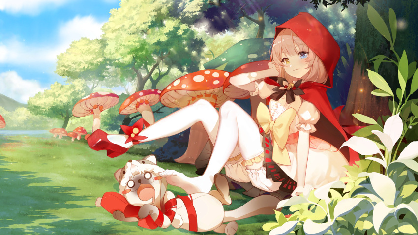 1girl :3 adjusting_hair animal_costume arm_support black_bow black_bowtie blue_eyes blue_sky bow bowtie brown_hair capelet cat cosplay day dress dress_bow drooling eksistere_kyrenia flower forest frilled_thighhighs frills full_body giant_mushroom girl_cafe_gun grass hand_up heterochromia highres holding holding_shoes hood hooded_capelet little_red_riding_hood little_red_riding_hood_(grimm) little_red_riding_hood_(grimm)_(cosplay) looking_at_viewer mouth_drool mushroom nature o_o official_art on_ground outdoors platform_footwear puffy_short_sleeves puffy_shorts puffy_sleeves red_capelet red_flower red_hood shoes short_sleeves shorts shorts_under_dress single_shoe sitting sky solo thighhighs tree unworn_shoes white_dress white_shorts white_thighhighs wolf_costume yellow_bow yellow_eyes