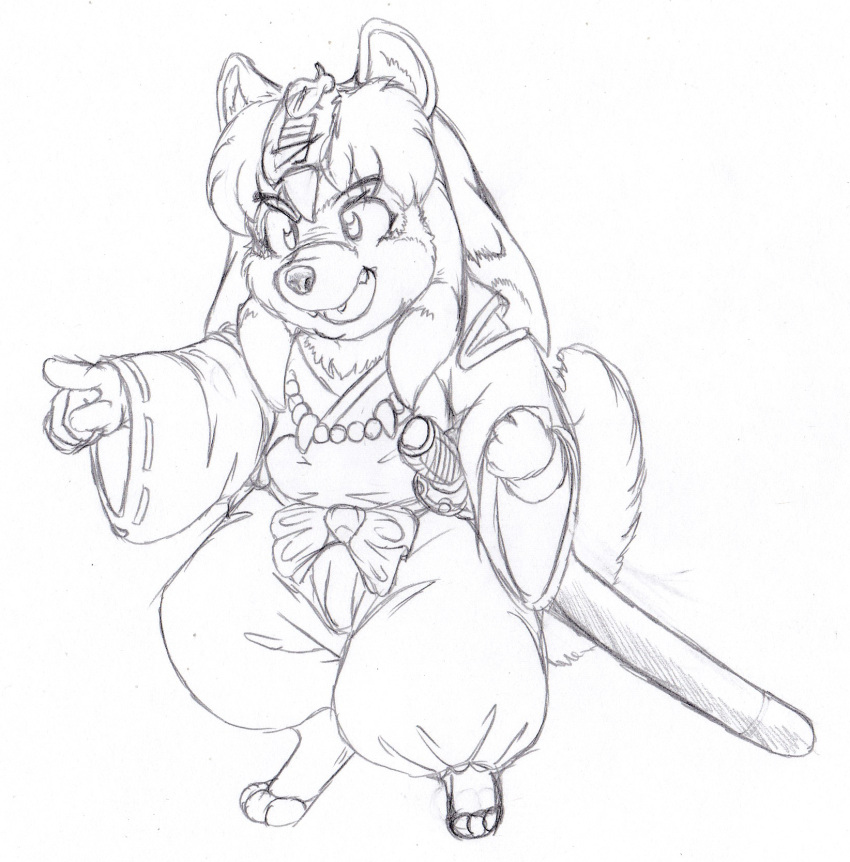 anthro asian_clothing biped canid canine canis clothing domestic_dog east_asian_clothing hi_res inuyasha inuyasha_(inuyasha) japanese_clothing katana kitsune_youkai leaf_on_head male mammal melee_weapon miko_outfit open_mouth solo standing sword weapon