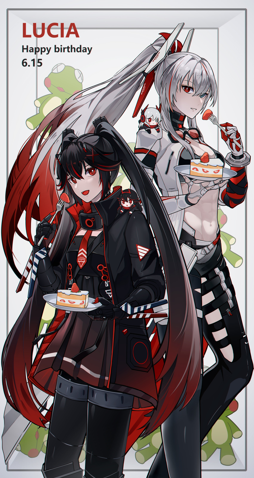 2girls abs absurdres alpha_(punishing:_gray_raven) black_bra black_hair black_jacket black_pants bra cake cake_slice character_doll dkav5573 eyewear_around_neck fake_horns food fork frog fruit gradient_hair grey_eyes grey_hair grey_jacket hair_between_eyes hair_ornament happy_birthday heterochromia highres holding holding_fork holding_plate horns jacket long_hair lucia:_crimson_abyss_(punishing:_gray_raven) lucia:_crimson_weave_(punishing:_gray_raven) lucia:_lotus_(punishing:_gray_raven) lucia:_plume_(punishing:_gray_raven) lucia_(punishing:_gray_raven) mechanical_arms mechanical_legs multicolored_hair multiple_girls navel necktie open_clothes open_jacket open_mouth pants parted_lips plate ponytail punishing:_gray_raven red_eyes red_hair red_necktie sidelocks strawberry streaked_hair twintails underwear very_long_hair x_hair_ornament