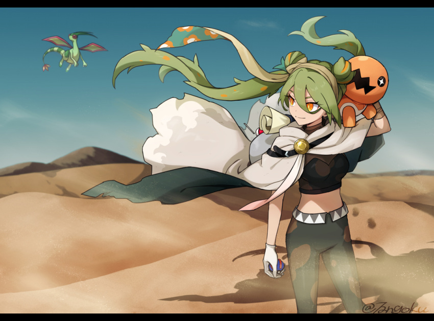 1girl 7angoku bandaged_arm bandages cape crop_top desert double_bun flygon gloves green_hair ground_miku_(project_voltage) hair_between_eyes hair_bun hatsune_miku long_hair midriff orange_eyes pants poke_ball pokemon pokemon_(creature) project_voltage single_glove smile trapinch twintails very_long_hair vocaloid