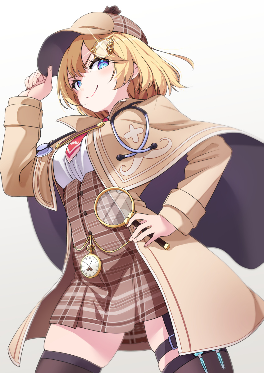 1girl absurdres black_thighhighs blonde_hair bob_cut breasts brown_coat brown_headwear brown_skirt coat deerstalker hair_ornament hat high-waist_skirt highres holding holding_magnifying_glass hololive hololive_english large_breasts looking_at_viewer magnifying_glass medium_hair miu_(angelo_whitechoc) monocle_hair_ornament necktie pleated_skirt red_necktie skirt smile solo stopwatch thigh_strap thighhighs virtual_youtuber watch watson_amelia watson_amelia_(1st_costume)