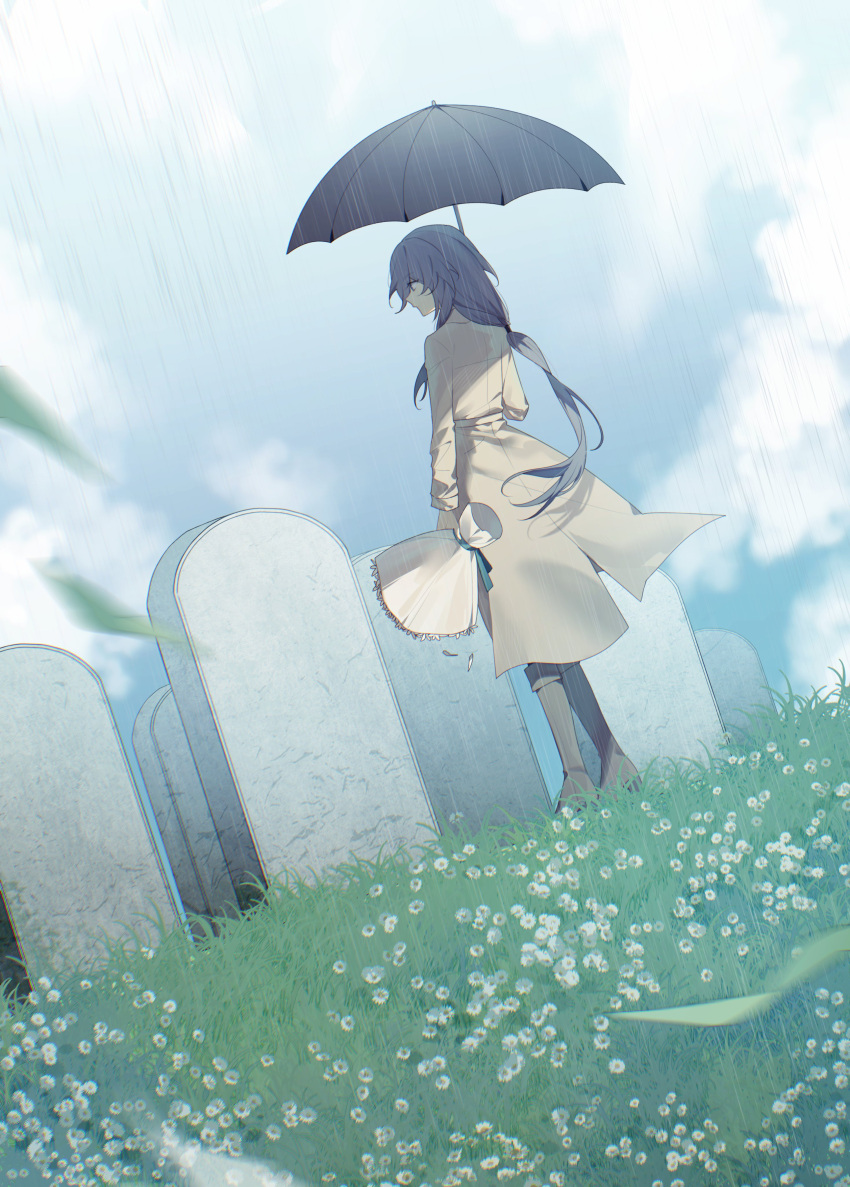 1girl absurdres alternate_costume ankle_boots boots bouquet closed_mouth cloud cloudy_sky coat commentary flower fu_hua full_body grass graveyard highres holding holding_bouquet holding_umbrella honkai_(series) honkai_impact_3rd long_hair long_sleeves rain saya_atang sky solo standing tombstone umbrella very_long_hair white_flower