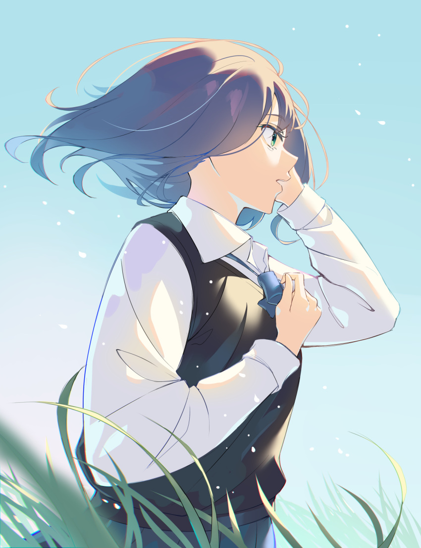 1girl absurdres aqua_eyes black_sweater_vest blue_bow blue_bowtie blue_hair blue_skirt blue_sky blurry bow bowtie chromatic_aberration collared_shirt commentary cowboy_shot day depth_of_field floating_hair from_side grass highres keya_(user_pnkz5883) kurokawa_akane long_sleeves medium_hair open_mouth oshi_no_ko outdoors pleated_skirt profile school_uniform shirt skirt sky solo sweater_vest white_shirt