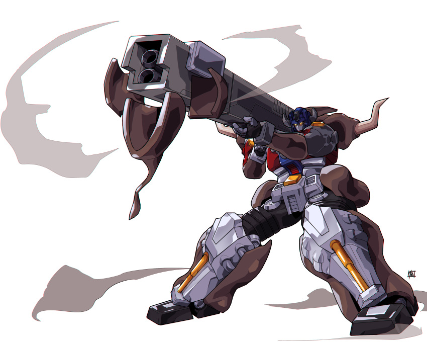 absurdres beast_wars beast_wars_neo big_convoy gun highres holding holding_gun holding_weapon horns maximal mecha nasutetsu no_humans orange_eyes robot simple_background smoke transformers weapon white_background