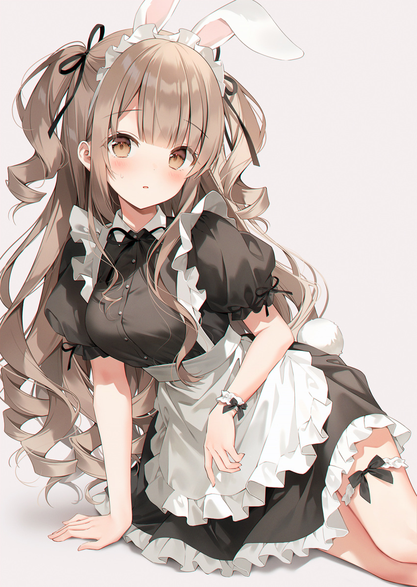 1girl animal_ears apron black_dress black_ribbon blunt_bangs blush brown_eyes brown_hair dress fake_animal_ears frilled_apron frilled_dress frills hair_ribbon highres long_hair looking_at_viewer maid maid_apron on_floor open_mouth original puffy_sleeves rabbit_ears ribbon sidelocks solo sweatdrop two_side_up weri white_apron