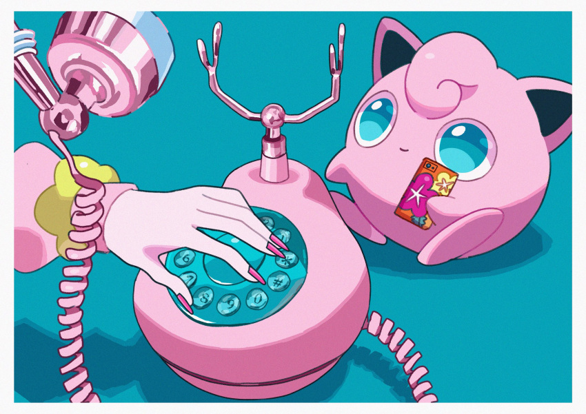 1other antique_phone border cable cellphone closed_mouth commentary green_eyes highres holding holding_phone jigglypuff long_sleeves looking_up nail_polish phone pink_nails pink_sweater pokemon saiku_(zvlku) scrunchie sitting smile sweater white_border wrist_scrunchie