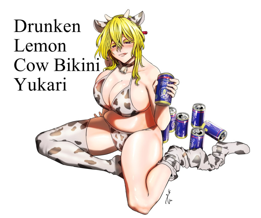 alcohol animal_ears animal_print asymmetrical_legwear bell bikini blonde_hair blush breasts brown_eyes can cleavage closed_mouth commentary commentary_request cow_ears cow_horns cow_print cowbell curvy drunk english_text holding holding_can horns koyubi_(littlefinger1988) large_breasts licking_lips long_hair neck_bell plump signature simple_background sitting skindentation stomach swimsuit thighhighs thighs tongue tongue_out touhou uneven_legwear white_background yakumo_yukari