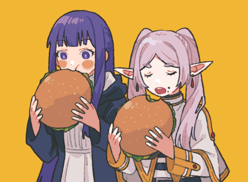 2girls :t black_coat black_robe blunt_bangs blush burger capelet coat cut_bangs dangle_earrings dou_(mame_eee) dress earrings eating elf fern_(sousou_no_frieren) food food_on_face frieren gold_trim grey_hair highres holding holding_food jewelry long_hair long_sleeves multiple_girls parted_bangs pointy_ears purple_eyes purple_hair purple_pupils robe shirt simple_background sousou_no_frieren straight_hair striped striped_shirt twintails white_capelet white_dress