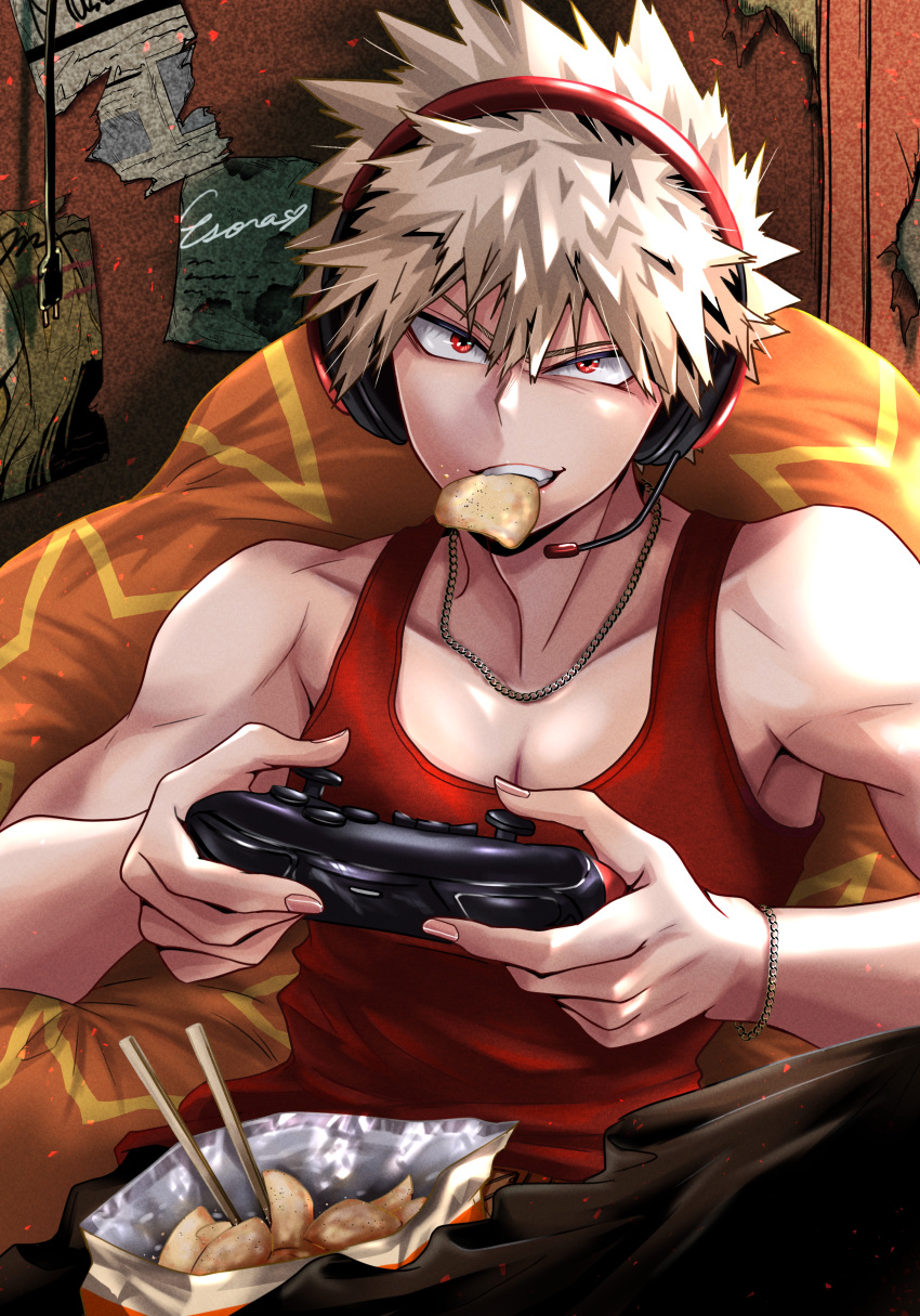 1boy abs absurdres bakugou_katsuki blonde_hair boku_no_hero_academia brown_pants chips_(food) controller esora-arts food game_controller highres holding holding_controller holding_game_controller joystick male_focus mouth_hold muscular muscular_male pants potato_chips red_eyes red_tank_top short_hair smile solo spiked_hair tank_top teeth