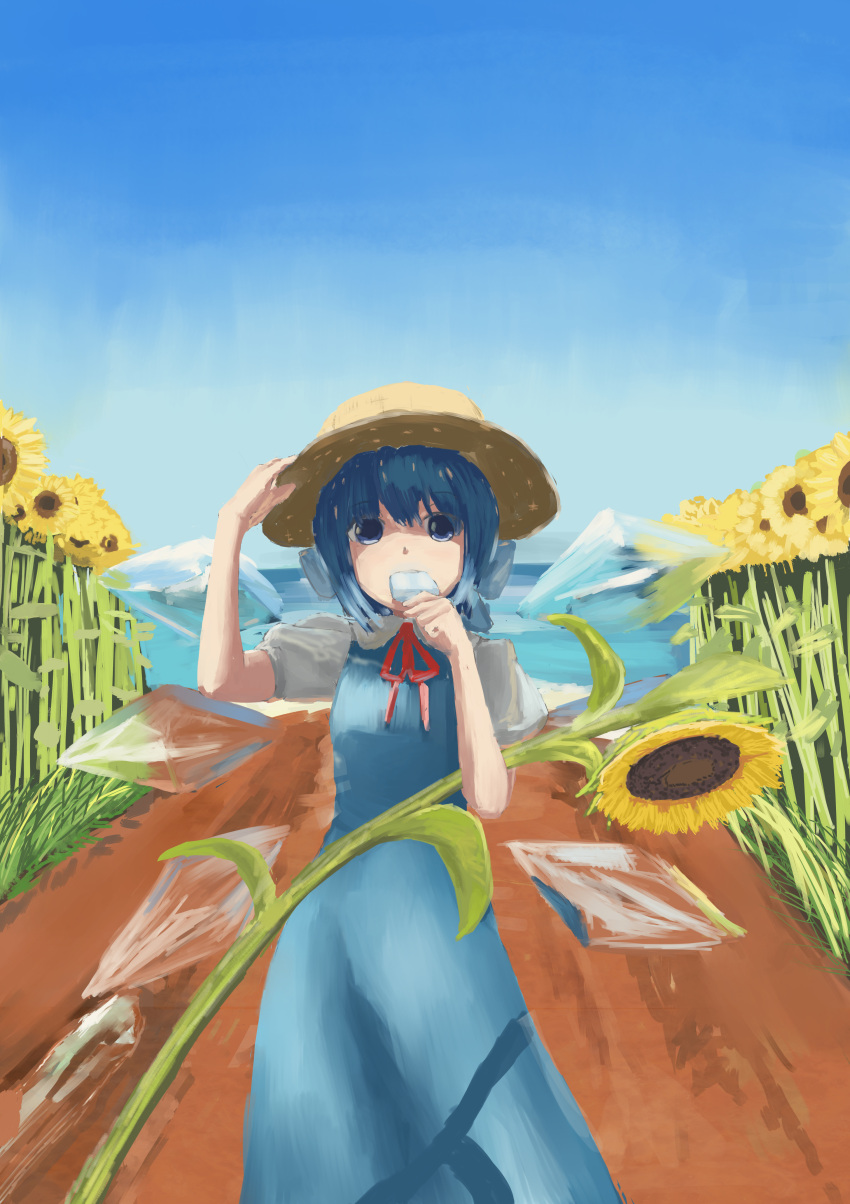 1girl absurdres blue_sky cirno flower food food_in_mouth hat highres holding holding_food holding_ice_cream ice ice_block ice_cream ice_wings plant shaded_face shadow shinkopeishon sky solo straw_hat summer sunflower sunlight touhou wings