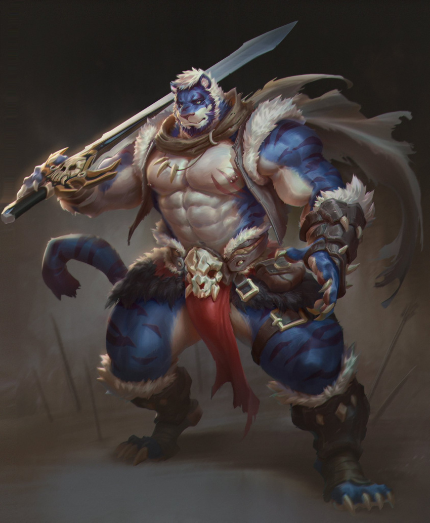 2022 6suan abs ankle_wraps anthro armor beard biceps blue_body blue_eyes blue_fur blue_hair bone breechcloth cape chest_scar claws clothing deltoids facial_hair felid finger_claws fur fur_lined_clothing greaves grey_background hair hi_res holding_object holding_sword holding_weapon jewelry legband male mammal melee_weapon multicolored_body multicolored_fur muscular muscular_anthro muscular_male muscular_thighs necklace nipple_piercing nipples obliques pantherine pawpads piercing rigel_(skydtiger) satchel scar simple_background skull skull_belt solo sword tattered_cape thick_thighs tiger topwear torn_clothing two_tone_body two_tone_fur vambrace vest warrior weapon white_body white_fur white_hair