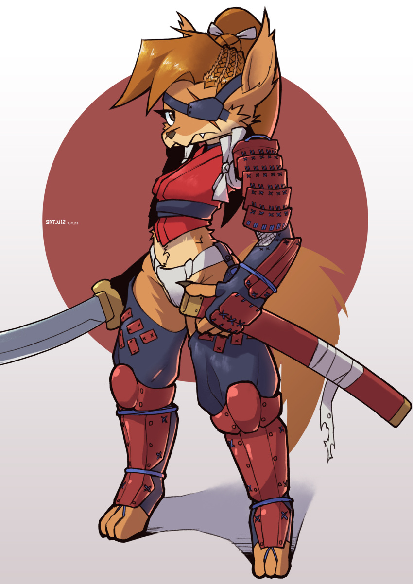 2023 anthro armor brown_body brown_fur brown_hair camel_toe canid eye_patch eyewear female fur hair hi_res holding_object holding_sword holding_weapon japanese_armor japanese_flag looking_at_viewer mammal melee_weapon sat_v12 solo standing sword unconvincing_armor weapon