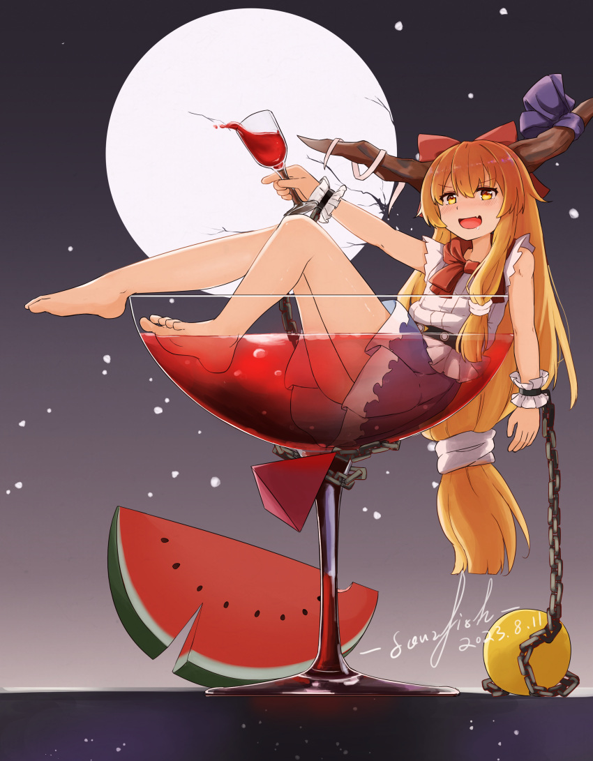 1girl :d absurdres alcohol barefoot belt blonde_hair blush bow brown_horns chain commentary cup dated drinking_glass english_commentary fang feet flat_chest food fruit full_body grey_background hair_bow highres horn_bow horn_ornament horns ibuki_suika in_container in_cup legs long_hair looking_at_viewer medium_bangs name_connection object_namesake open_mouth orb purple_bow purple_skirt red_bow red_wine shirt signature skirt sleeveless sleeveless_shirt smile soles solo sourfish tetrahedron touhou very_long_hair watermelon watermelon_slice white_shirt wine wine_glass wrist_cuffs yellow_eyes