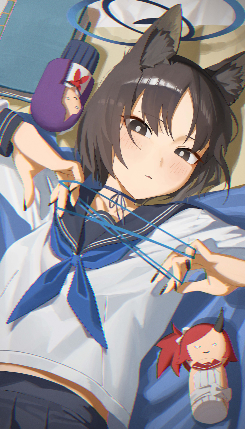 1girl absurdres animal_ears black_eyes black_hair black_sailor_collar black_skirt blue_archive blue_neckerchief cat_ears highres kikyou_(blue_archive) kokeshi long_sleeves looking_at_viewer mm_(mhm2592) neckerchief open_mouth pleated_skirt renge_(blue_archive) sailor_collar school_uniform serafuku short_hair skirt solo yukari_(blue_archive)