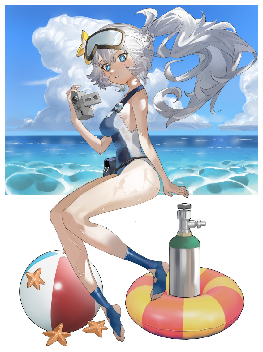 1girl absurdres alchemy_stars ball beachball blue_eyes breasts cloud day florine_(alchemy_stars) florine_(emergency_diver)_(alchemy_stars) from_side full_body goggles goggles_on_head grey_hair highres horizon innertube invisible_chair long_hair looking_at_viewer looking_to_the_side mosquito_(illumos233) ocean open_mouth outdoors oxygen_tank ponytail pouch school_swimsuit sitting small_breasts solo starfish stirrup_legwear swimsuit symbol-shaped_pupils toeless_legwear toes video_camera wet