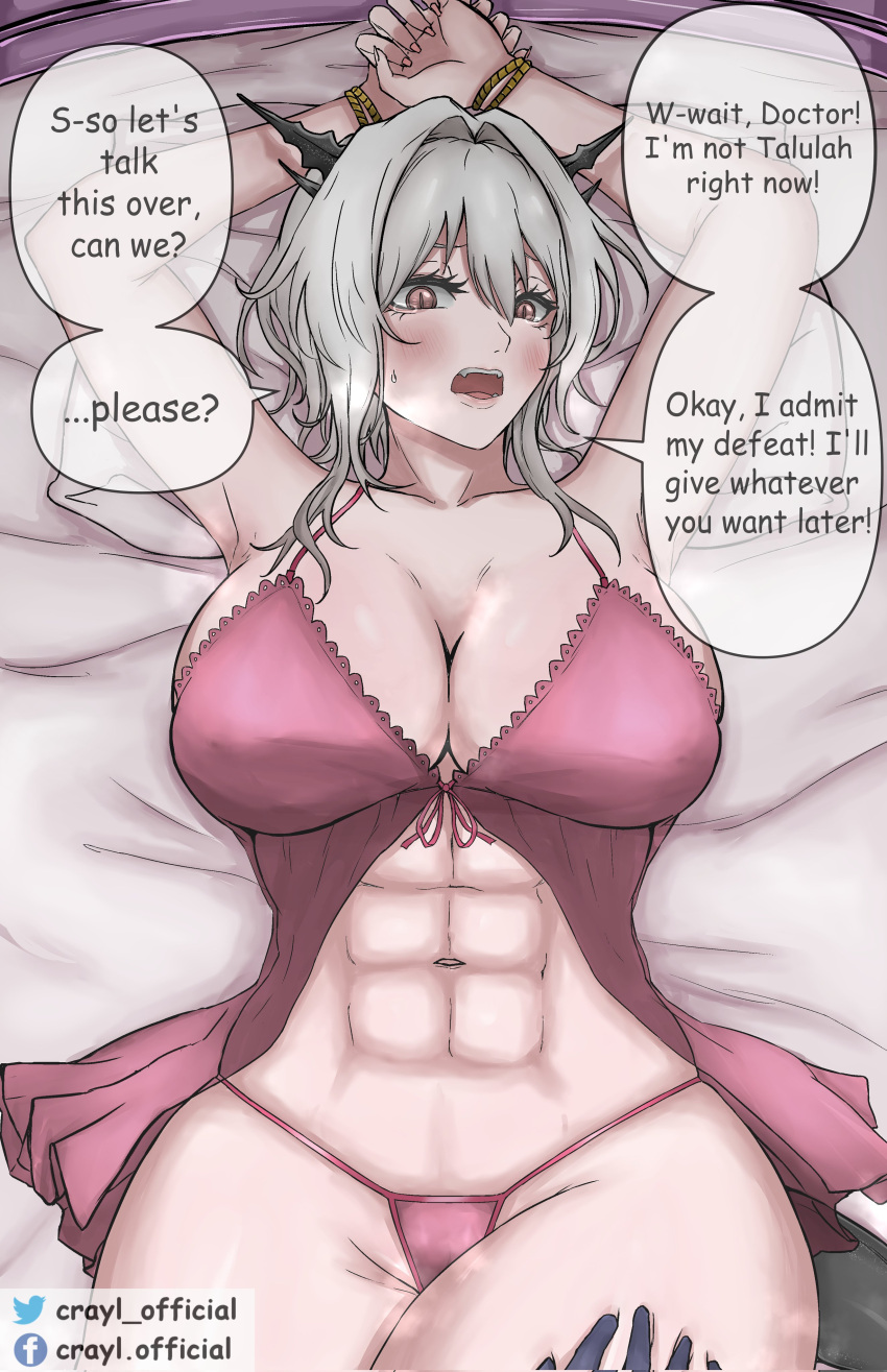 1girl 1other abs absurdres alternate_costume arknights arms_up babydoll blush breasts cleavage collarbone covered_nipples cow crayl english_commentary english_text facebook_logo facebook_username grey_hair hair_between_eyes hair_intakes hand_on_another's_thigh highres horns large_breasts looking_at_viewer lying navel on_back on_bed open_mouth panties pillow red_babydoll red_panties restrained speech_bubble talulah_(arknights) teeth thighs twitter_logo twitter_username underwear upper_teeth_only