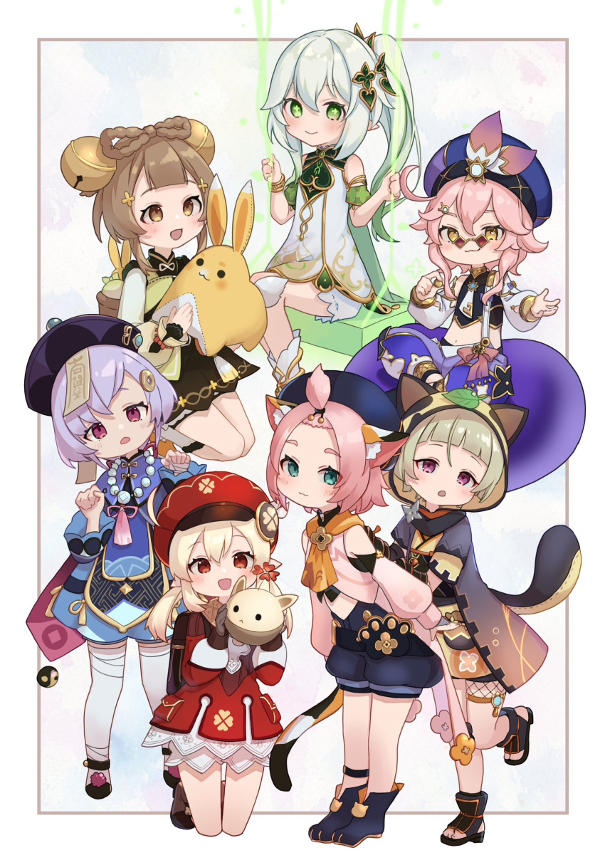 6+girls animal_ear_fluff animal_ears aqua_eyes bangs_pinned_back bead_necklace beads bell blonde_hair bow-shaped_hair brown_eyes brown_hair cabbie_hat cat_ears cat_girl cat_tail coin_hair_ornament crop_top detached_sleeves diona_(genshin_impact) dodoco_(genshin_impact) dori_(genshin_impact) dress genshin_impact gloves gradient_hair green_eyes green_hair hair_bell hair_between_eyes hair_ornament hat highres japanese_clothes jewelry jiangshi klee_(genshin_impact) leaf leaf_on_head long_hair long_sleeves looking_at_viewer low_twintails midriff multicolored_hair multicolored_tail multiple_girls nahida_(genshin_impact) necklace open_mouth pants pink_hair pointy_ears purple_eyes purple_hair purple_headwear qing_guanmao qiqi_(genshin_impact) raccoon_ears red_headwear sayu_(genshin_impact) short_hair side_ponytail smile sunglasses swing symbol-shaped_pupils tail thighhighs tinted_eyewear twintails white_dress white_hair yaoyao_(genshin_impact) yellow_eyes yu_ri_0320 yuegui_(genshin_impact)