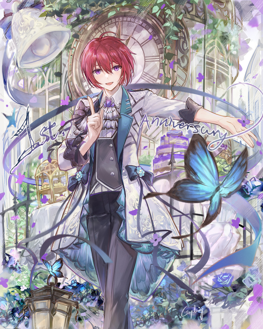 1boy :d anniversary ascot bell blue_butterfly bug butterfly buttons clock collared_shirt csyday double-breasted ensemble_stars! falling_petals feet_out_of_frame fence grey_ascot grey_pants grey_vest hair_between_eyes highres index_finger_raised jacket lantern layered_clothes legs_together long_sleeves looking_at_viewer male_focus open_clothes open_hand open_jacket open_mouth outdoors outstretched_arm pants petals purple_eyes red_hair shirt short_hair sidelocks smile solo suou_tsukasa vest white_jacket white_shirt