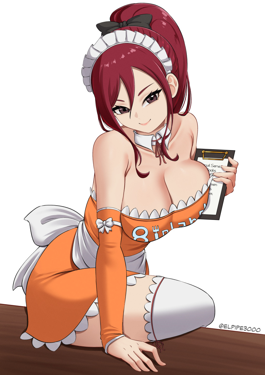 1girl absurdres bare_shoulders black_bow bow breasts brown_eyes cleavage clipboard closed_mouth collarbone detached_collar detached_sleeves dress elpipe_3000 erza_scarlet fairy_tail hair_bow high_ponytail highres holding holding_clipboard large_breasts looking_at_viewer maid maid_headdress orange_dress red_hair scene_reference short_dress sitting smile solo table thighhighs waist_bow waitress white_thighhighs