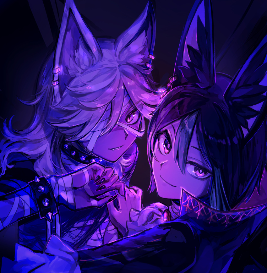 2boys alternate_costume animal_ear_fluff animal_ears bandages black_hair black_nails bracelet collar cyno_(genshin_impact) earrings english_commentary fang fingernails fox_boy fox_ears genshin_impact grey_hair halloween halloween_costume highres jackal_boy jackal_ears jewelry kam_om3 looking_at_viewer male_focus multiple_boys sharp_fingernails single_earring smile spiked_bracelet spiked_collar spikes tighnari_(genshin_impact)