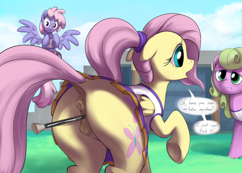 2023 animal_genitalia animal_pussy anus baton blush bottomwear butt cheerleader_outfit clothing cutie_mark daisy_(mlp) dialogue dock dotkwa english_text equid equine equine_anus equine_genitalia equine_pussy feathered_wings feathers female feral flower_wishes_(mlp) fluttershy_(mlp) friendship_is_magic genitals group hair hasbro hi_res hooves horse mammal my_little_pony object_in_pussy oblivious pegasus penetration pink_hair pony ponytail pussy rainbowshine_(mlp) skirt solo_focus text trio vaginal vaginal_penetration wings