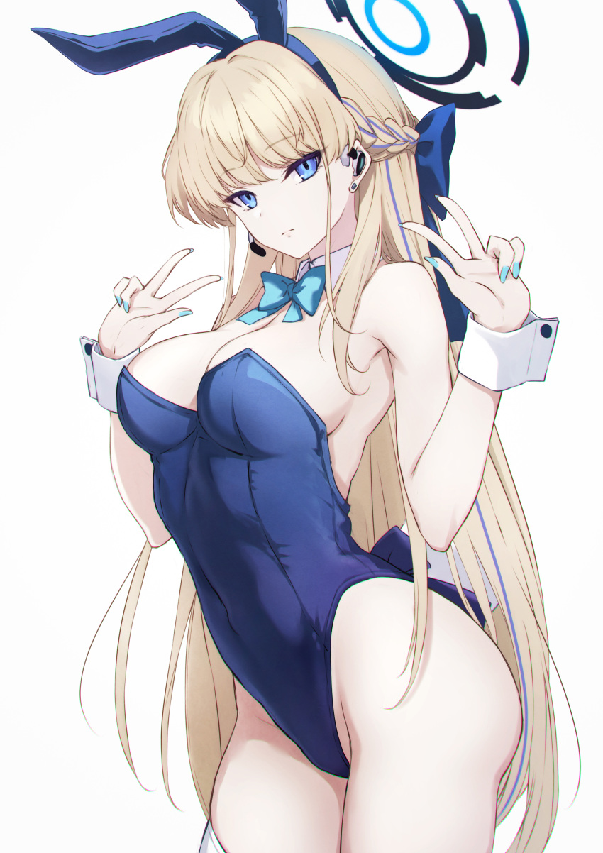 1girl absurdres animal_ears ass blonde_hair blue_archive blue_bow blue_bowtie blue_eyes blue_hair blue_leotard blue_nails bow bowtie braid breasts closed_mouth cowboy_shot detached_collar fake_animal_ears fingernails halo highres leotard long_hair medium_breasts multicolored_hair nail_polish official_alternate_costume playboy_bunny rabbit_ears sideboob simple_background solo strapless strapless_leotard streaked_hair suien thighhighs toki_(blue_archive) toki_(bunny)_(blue_archive) white_background white_thighhighs white_wrist_cuffs wrist_cuffs