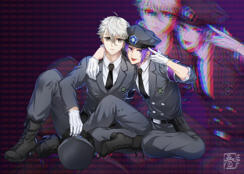 2boys arm_around_neck belt black_belt black_necktie blue_lock boots brown_eyes buttons closed_mouth collared_shirt gloves grey_headwear hair_between_eyes halu-ca hat highres lapels long_sleeves male_focus mikage_reo military military_hat military_uniform multiple_boys nagi_seishirou necktie notched_lapels purple_eyes purple_hair shirt shoelaces short_hair signature sitting tongue tongue_out uniform white_gloves white_hair
