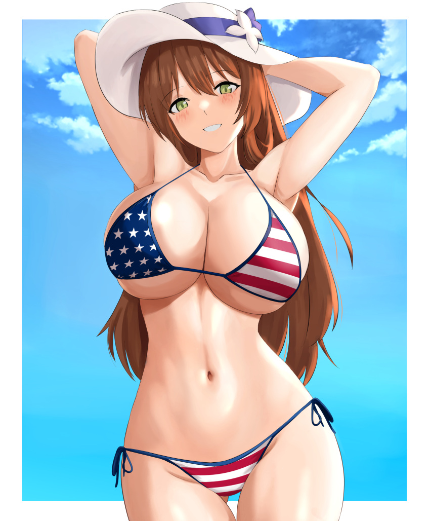 1girl alternate_costume american_flag_bikini arms_behind_head arms_up bikini blue_sky breasts brown_hair cloud collarbone cowboy_shot cyka flag_print girls'_frontline green_eyes hair_between_eyes hat highres huge_breasts long_hair looking_at_viewer navel side-tie_bikini_bottom sky smile solo springfield_(girls'_frontline) springfield_(stirring_mermaid)_(girls'_frontline) standing sun_hat swimsuit very_long_hair white_headwear