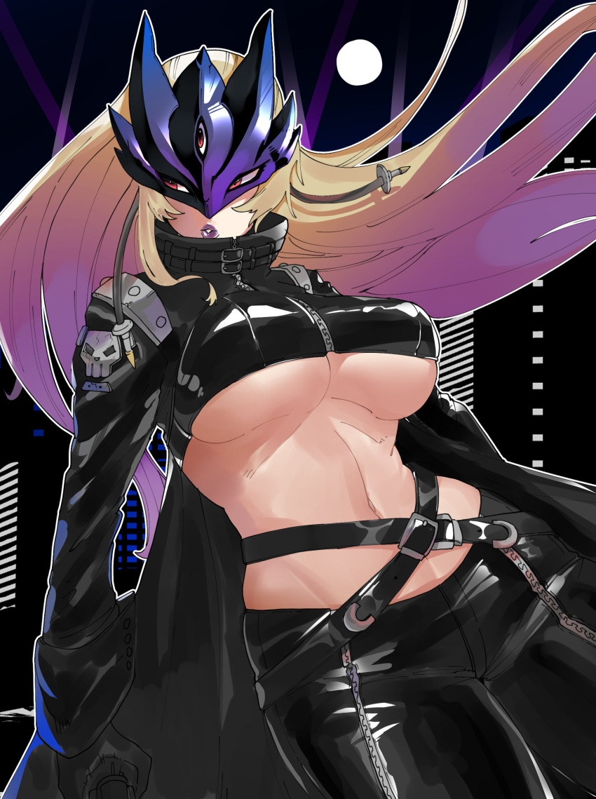 1girl absurdres bad_id bad_twitter_id beelstarmon belt belt_collar black_gloves black_jacket black_mask black_pants black_scarf black_vest blonde_hair breasts cityscape collar cowboy_shot cropped_vest dancho_no_mori digimon digimon_(creature) eye_mask floating_hair full_moon gloves highres jacket large_breasts leather leather_jacket leather_pants long_hair long_sleeves looking_to_the_side mask moon navel night open_clothes open_jacket outdoors pants puckered_lips purple_lips red_eyes scarf sidelocks solo standing stomach third_eye tight_clothes tight_pants underboob vest zipper