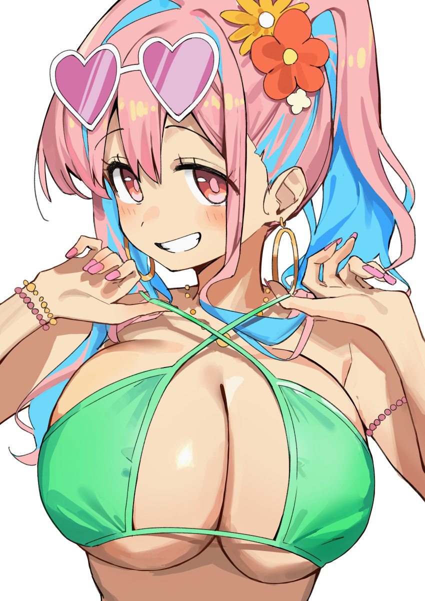 1girl absurdres bikini bikini_pull blue_hair blush breasts cleavage clothes_pull earrings fingernails flower green_bikini hair_between_eyes hair_flower hair_ornament haruyuki_(gffewuoutgblubh) heart heart-shaped_eyewear high_ponytail highres hoop_earrings hozuki_kaede huge_breasts jewelry long_fingernails looking_at_viewer multicolored_hair nail_polish necklace pink-tinted_eyewear pink_eyes pink_hair pink_nails pulled_by_self side_ponytail smile solo sunglasses swimsuit teeth tinted_eyewear two-tone_hair underboob white-framed_eyewear wrist_bobbles