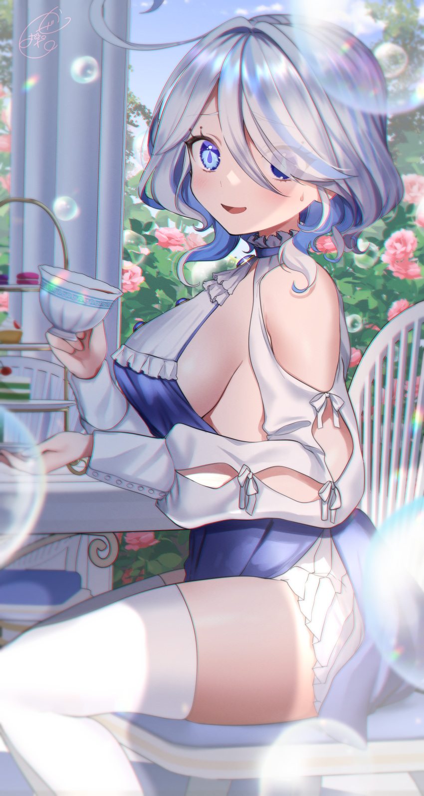 1girl absurdres ahoge alternate_costume blue_eyes blue_hair blue_sky blush breasts bubble cake cake_slice commentary_request cowboy_shot cup dress flower food furina_(genshin_impact) furrowed_brow genshin_impact grey_hair hair_between_eyes hair_over_one_eye heterochromia highres holding holding_cup kazepana looking_at_viewer medium_breasts multicolored_hair on_chair open_mouth outdoors pink_flower scone short_hair sideboob signature sitting sky smile solo streaked_hair sweatdrop table thighhighs two-tone_hair white_thighhighs