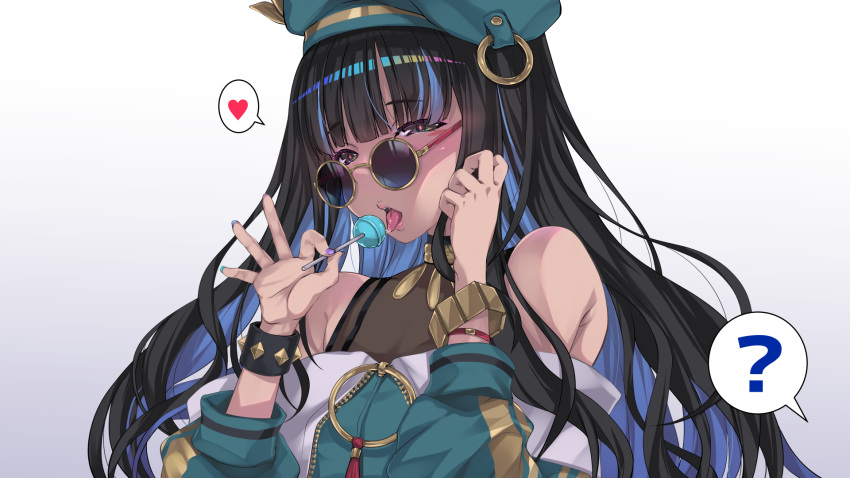 1girl ? black_hair blue-tinted_eyewear candy colored_inner_hair commentary_request commission eyeliner fate/grand_order fate_(series) food green_headwear green_jacket heart highres jacket lollipop looking_at_viewer looking_over_eyewear makeup multicolored_hair round_eyewear senrireiri sexually_suggestive skeb_commission solo sunglasses tenochtitlan_(fate) tinted_eyewear white_background