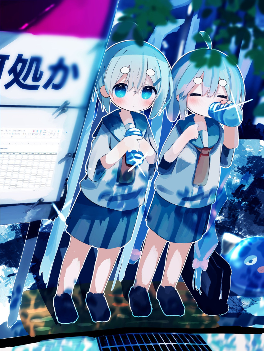 2girls blue_eyes blue_hair blue_headwear blue_sailor_collar blue_skirt blurry blurry_foreground bottle bow bus_stop closed_eyes dappled_sunlight dot_mouth drink drinking eel_hat grate hair_bow hatsune_miku headwear_removed highres hikimayu holding holding_bottle holding_drink long_hair looking_at_viewer multiple_girls otomachi_una pleated_skirt sailor_collar school_uniform sewer_grate shirt short_sleeves side-by-side skirt sparkle standing sunlight syare_0603 twintails very_long_hair vocaloid white_shirt