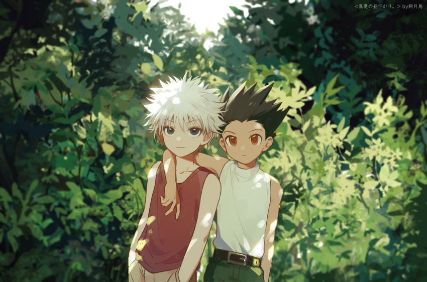 2boys arm_around_shoulder black_hair blue_eyes brown_eyes bush closed_mouth gon_freecss green_shorts hair_between_eyes hands_in_pockets highres hunter_x_hunter kiko killua_zoldyck looking_at_viewer male_focus multiple_boys outdoors red_tank_top shirt shorts sleeveless sleeveless_shirt spiked_hair tank_top white_hair white_shirt