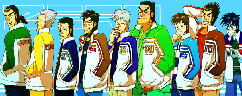 6+boys akagi:_yami_ni_oritatta_tensai akagi_shigeru arm_behind_head black_eyes black_hair blue_background blue_jacket blue_shirt brown_hair brown_jacket brown_shirt buraiden_gai cigarette closed_eyes closed_mouth commentary_request cosplay cowboy_shot fukumoto_nobuyuki_(style) gin_to_kin gloom_(expression) green_jacket green_shirt grey_hair grin hair_slicked_back head_bump hirai_ginji holding holding_cigarette igawa_hiroyuki itou_kaiji jacket kaiji kudou_gai kurosawa_(saikyou_densetsu_kurosawa) letterman_jacket long_hair looking_at_viewer low_ponytail male_focus medium_bangs morita_tetsuo multiple_boys official_style open_clothes open_jacket open_mouth parody red_shirt saikyou_densetsu_kurosawa scar scar_across_eye scar_on_cheek scar_on_face shirt short_bangs short_hair smile striped striped_shirt style_parody t_k_g ten_takashi tobaku_haouden_zero ukai_zero ukai_zero_(cosplay) v-shaped_eyebrows white_shirt yellow_jacket