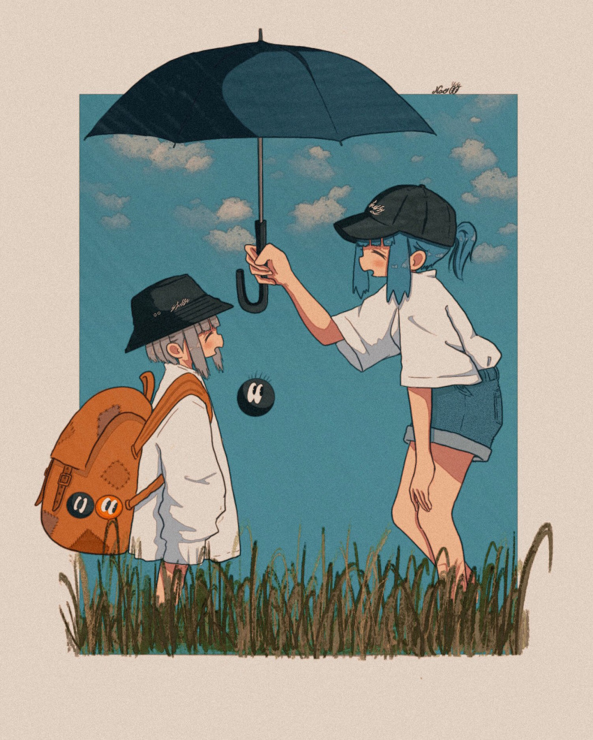 2girls backpack badge bag bare_legs baseball_cap black_headwear blue_hair blue_shorts blue_sky bucket_hat button_badge child closed_eyes cloud creature day denim denim_shorts female_child from_side grass grey_hair grey_umbrella hat highres holding holding_umbrella long_sleeves looking_at_another multiple_girls nao97122 open_mouth orange_bag original outdoors outside_border shared_umbrella shirt shirt_tucked_in short_ponytail short_sleeves shorts sidelocks signature size_difference sky sleeves_past_fingers sleeves_past_wrists standing umbrella white_shirt wide_sleeves