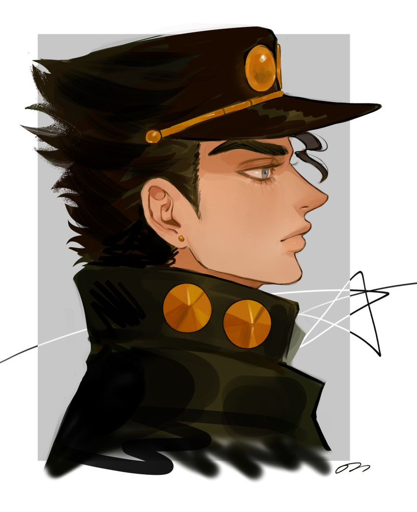 1boy black_hair black_jacket closed_mouth collared_jacket ear_piercing grey_eyes highres impossible_clothes jacket jojo_no_kimyou_na_bouken kujo_jotaro looking_away male_focus on0n piercing portrait profile short_hair solo stardust_crusaders