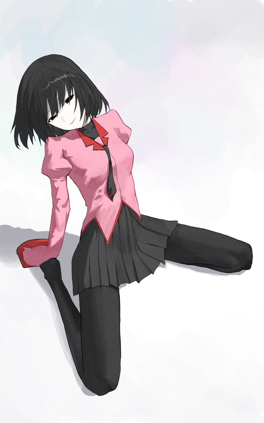 1girl absurdres arm_support black_eyes black_hair black_necktie black_pantyhose black_skirt black_undershirt bob_cut breasts commentary empty_eyes english_commentary film_grain full_body hands_on_own_feet head_tilt highres leaning_back light_smile long_sleeves looking_at_viewer monogatari_(series) naoetsu_high_school_uniform narrowed_eyes necktie on_ground oshino_ougi pale_skin pantyhose parted_lips pleated_skirt puffy_sleeves school_uniform shadow short_hair simple_background sitting skirt sleeves_past_fingers sleeves_past_wrists small_breasts smile solo spread_legs tabulagami turtleneck very_long_sleeves wariza white_background