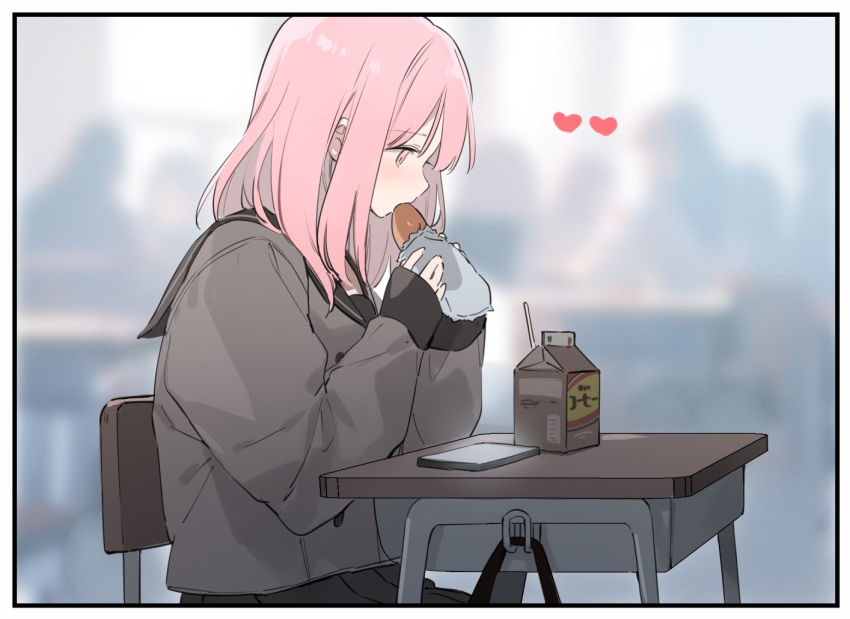 1girl black_shirt blush bread cellphone desk eating food food_in_mouth fujiyama heart holding milk original phone pink_eyes pink_hair school_desk school_uniform shirt sitting solo