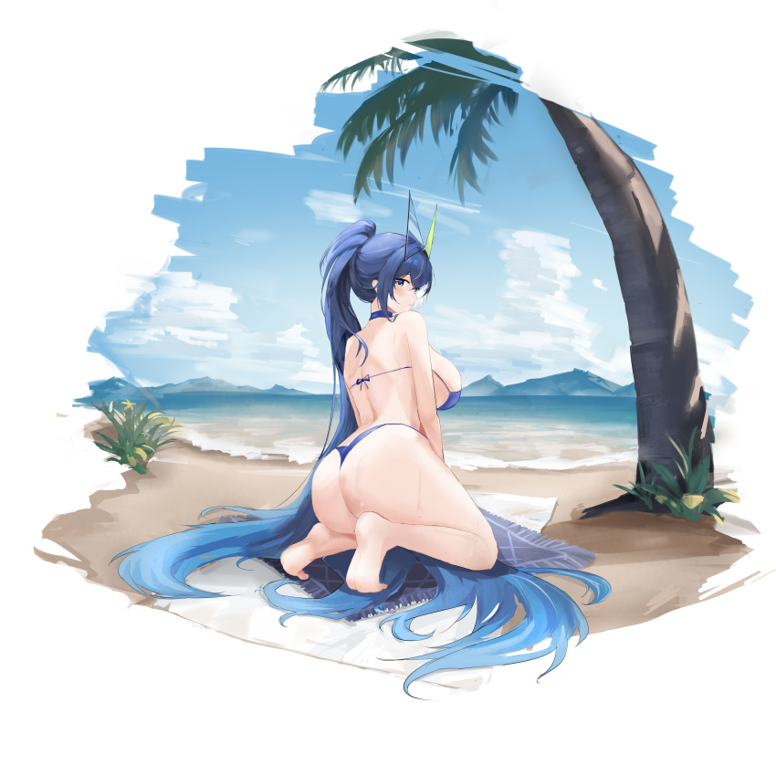 1girl absurdly_long_hair absurdres ass azur_lane beach bikini blue_eyes blue_hair breasts commentary_request day from_behind full_body highres huge_breasts long_hair looking_at_viewer looking_back new_jersey_(azur_lane) new_jersey_(midsummer_leisure)_(azur_lane) official_alternate_costume outdoors palm_tree ponytail sand solo string_bikini suo_bu_ye_feng swimsuit thong_bikini tree very_long_hair