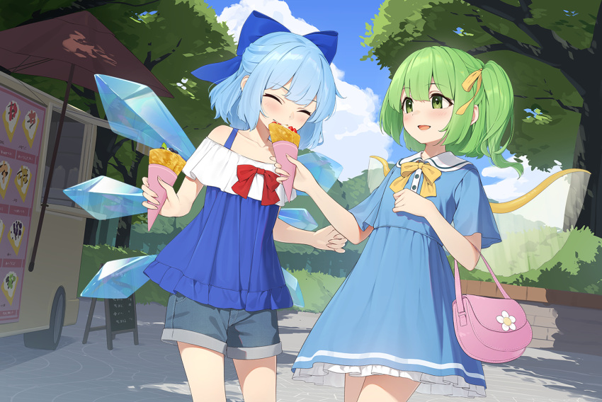 2girls bag blue_bow blue_dress blue_hair blue_shorts blush bow cirno closed_eyes closed_mouth crepe daiyousei detached_wings dress fairy fairy_wings food green_eyes green_hair hair_bow holding holding_food ice ice_wings kanpa_(campagne_9) long_hair multiple_girls open_mouth short_hair short_sleeves shorts shoulder_bag side_ponytail smile touhou tree wings