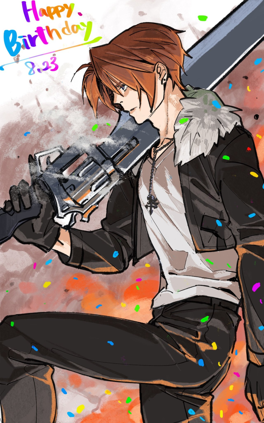 1boy black_gloves black_jacket black_pants blue_eyes brown_hair confetti cropped_jacket dated day earrings explosion final_fantasy final_fantasy_viii fire from_side fur-trimmed_jacket fur_trim gloves gunblade happy_birthday highres holding holding_weapon jacket jewelry knee_up male_focus necklace nini_tw99 open_clothes open_jacket outdoors over_shoulder pants parted_lips serious shirt short_hair solo squall_leonhart standing stud_earrings v-neck weapon weapon_over_shoulder white_shirt