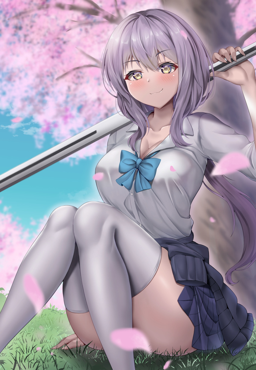 absurdres blue_ribbon blush breasts cherry_blossoms chokoboll cleavage goddess_of_victory:_nikke grass grey_hair highres holding holding_sword holding_weapon outdoors ribbon scarlet_(nikke) school_uniform shirt sitting skirt smile sword thighhighs weapon white_shirt yellow_eyes