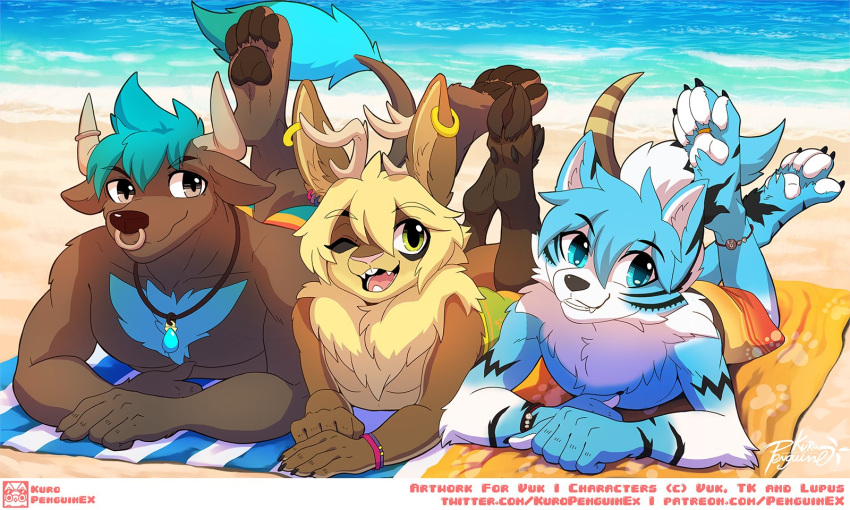 5:3 anthro antlers arm_tuft beach black_markings blonde_hair blue_body blue_eyes blue_fur blue_hair bovid bovine brown_body brown_eyes brown_fur canid canine canis cattle clothed clothing domestic_dog ear_piercing ear_ring elbow_tuft fur glistening glistening_eyes green_eyes grin group hair hi_res horn husky hybrid jackalope jewelry lagomorph looking_at_viewer lying male mammal markings necklace nordic_sled_dog on_front one_eye_closed open_mouth open_smile outside pawpads penguinexperience piercing ring_piercing seaside smile spitz tail tail_tuft text topless towel tuft url white_body white_fur wolf yellow_body yellow_fur