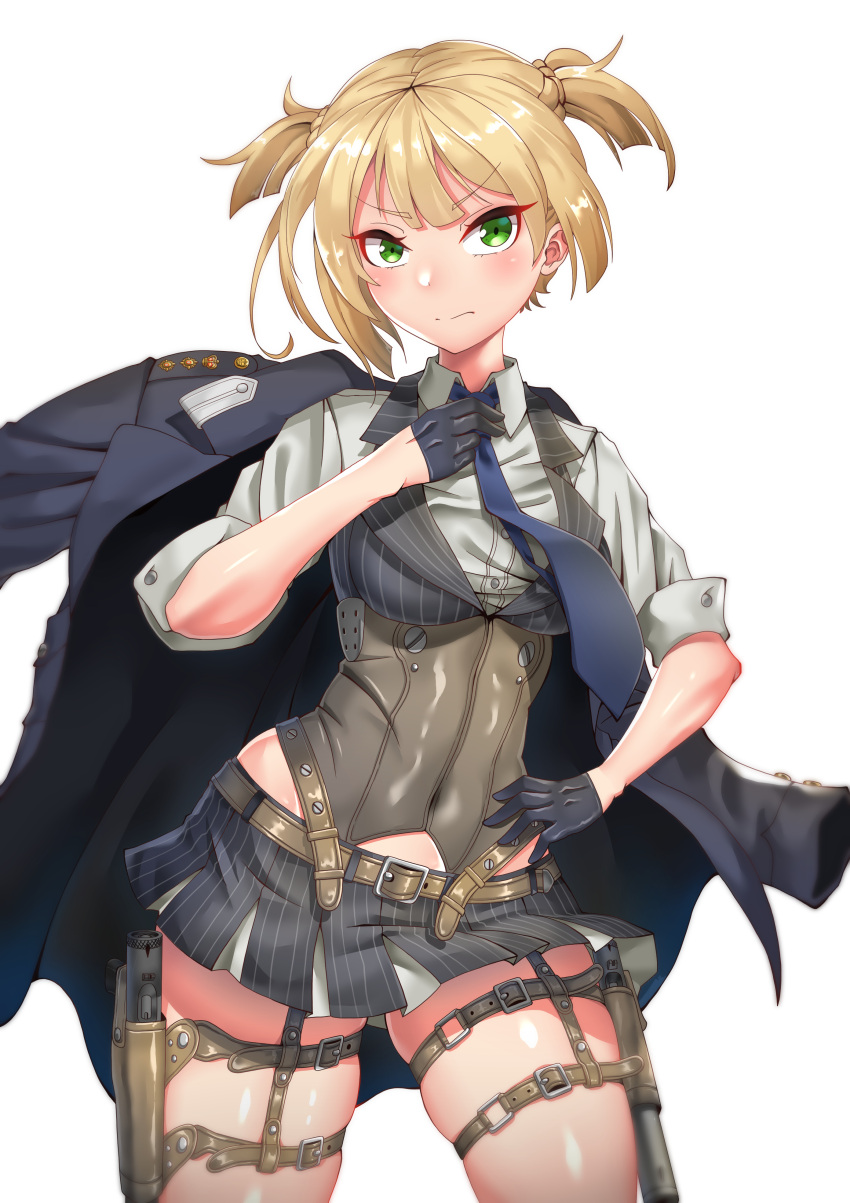 1girl absurdres adjusting_clothes adjusting_necktie belt black_gloves blue_necktie breasts coat coat_on_shoulders corset covered_navel girls'_frontline gloves green_eyes gun hand_on_own_hip handgun head_out_of_frame highres hip_vent holster insignia kirochef korean_commentary medium_breasts military military_rank_insignia military_uniform miniskirt navel necktie pinstripe_pattern pinstripe_vest shirt short_hair skindentation skirt sleeves_rolled_up solo striped striped_shirt striped_skirt striped_vest thick_thighs thigh_holster thigh_strap thighs two_side_up uniform vertical-striped_shirt vertical-striped_vest vertical_stripes vest weapon welrod_mk2 welrod_mkii_(girls'_frontline) white_background