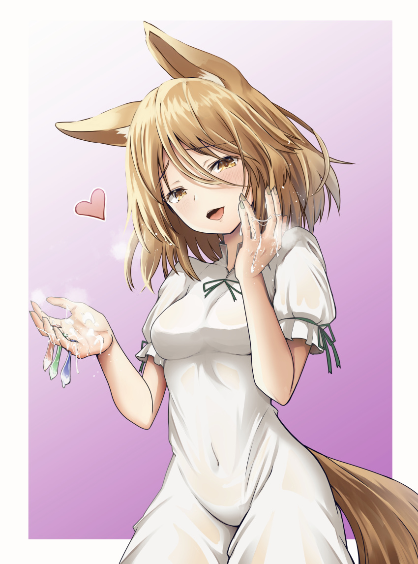 1girl absurdres animal_ears blonde_hair cum cum_on_hands fingernails fox_ears fox_tail green_ribbon hair_between_eyes heart highres kamunika kudamaki_tsukasa open_mouth ribbon romper short_hair short_sleeves solo tail touhou white_romper yellow_eyes