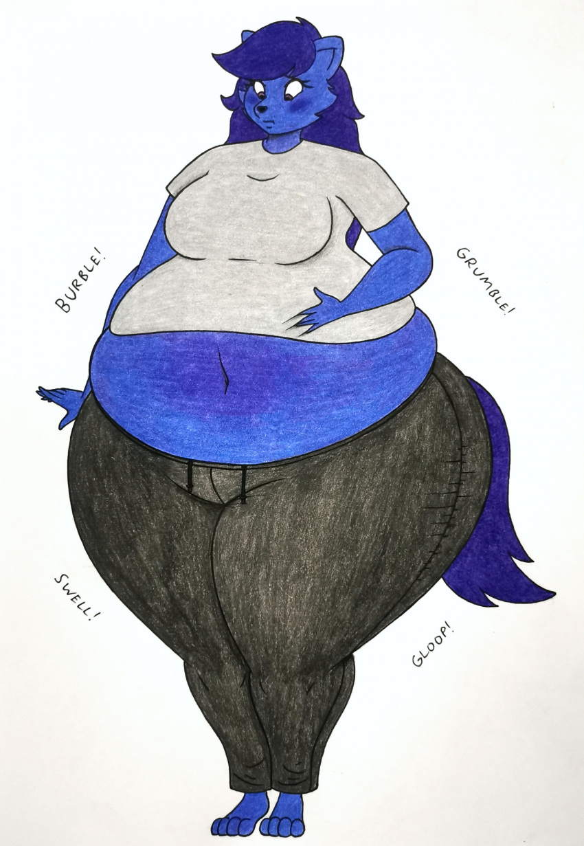 anthro arctic_fox belly belly_inflation belly_squish black_bottomwear black_clothing black_pants black_sweatpants blue_blush blueberry_inflation blush bottomwear canid canine celeste_(someguy7733) clothing english_text expansion female fox grey_clothing grey_shirt grey_topwear hand_on_stomach hi_res hip_expansion inflation mammal midriff navel pants rumbling_stomach shirt simple_background solo squish text thaliaglacyswells topwear traditional_media_(artwork) white_background